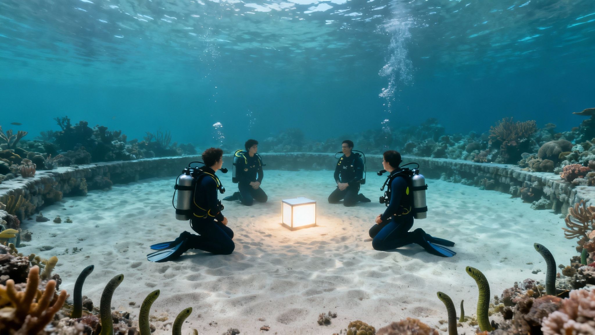 A scuba diver kneels on the sandy bottom as a large manta ray glides gracefully overhead, illuminated by dive lights.