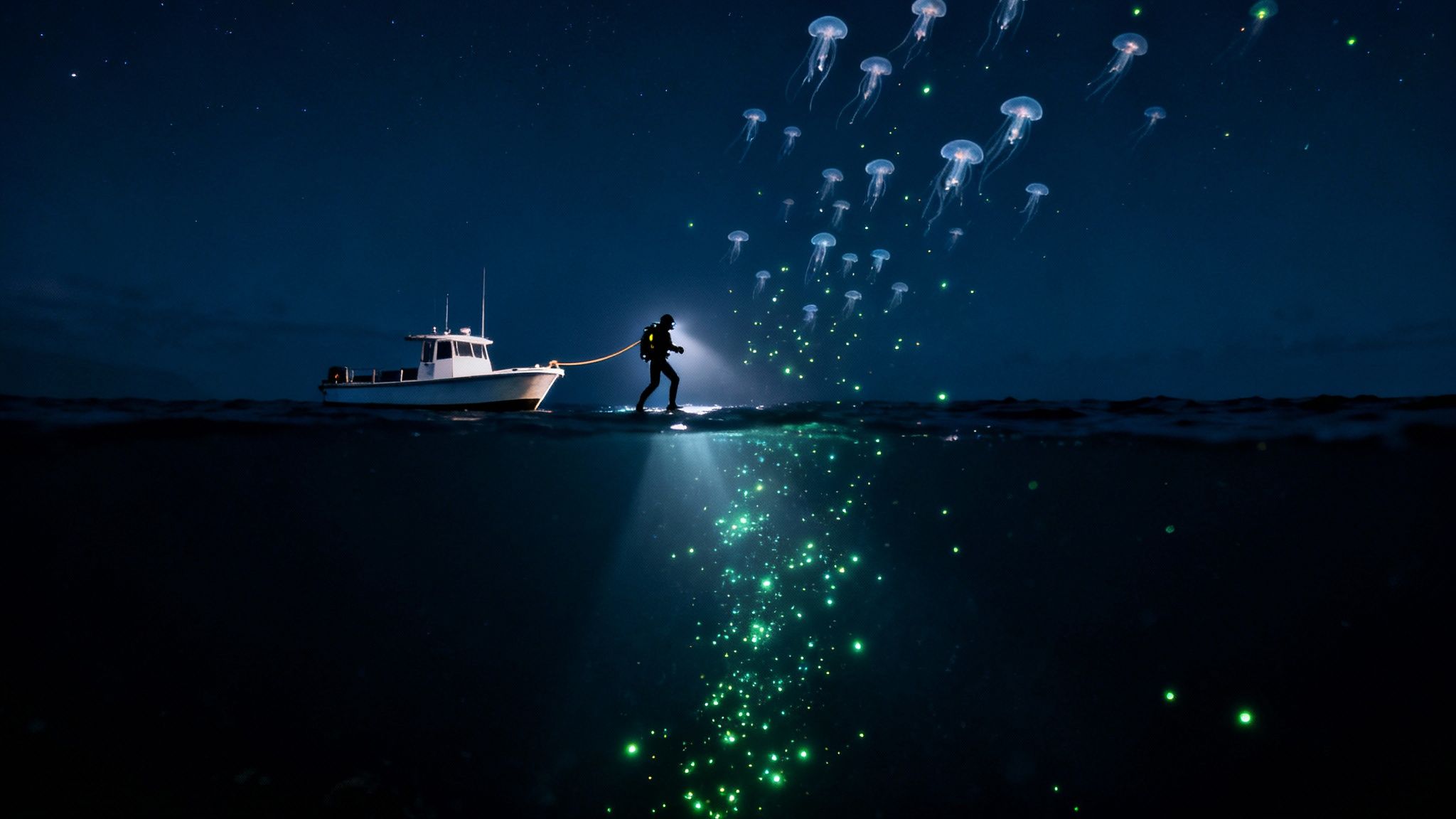 Scuba diver exploring bioluminescent waters at night near boat with glowing jellyfish above