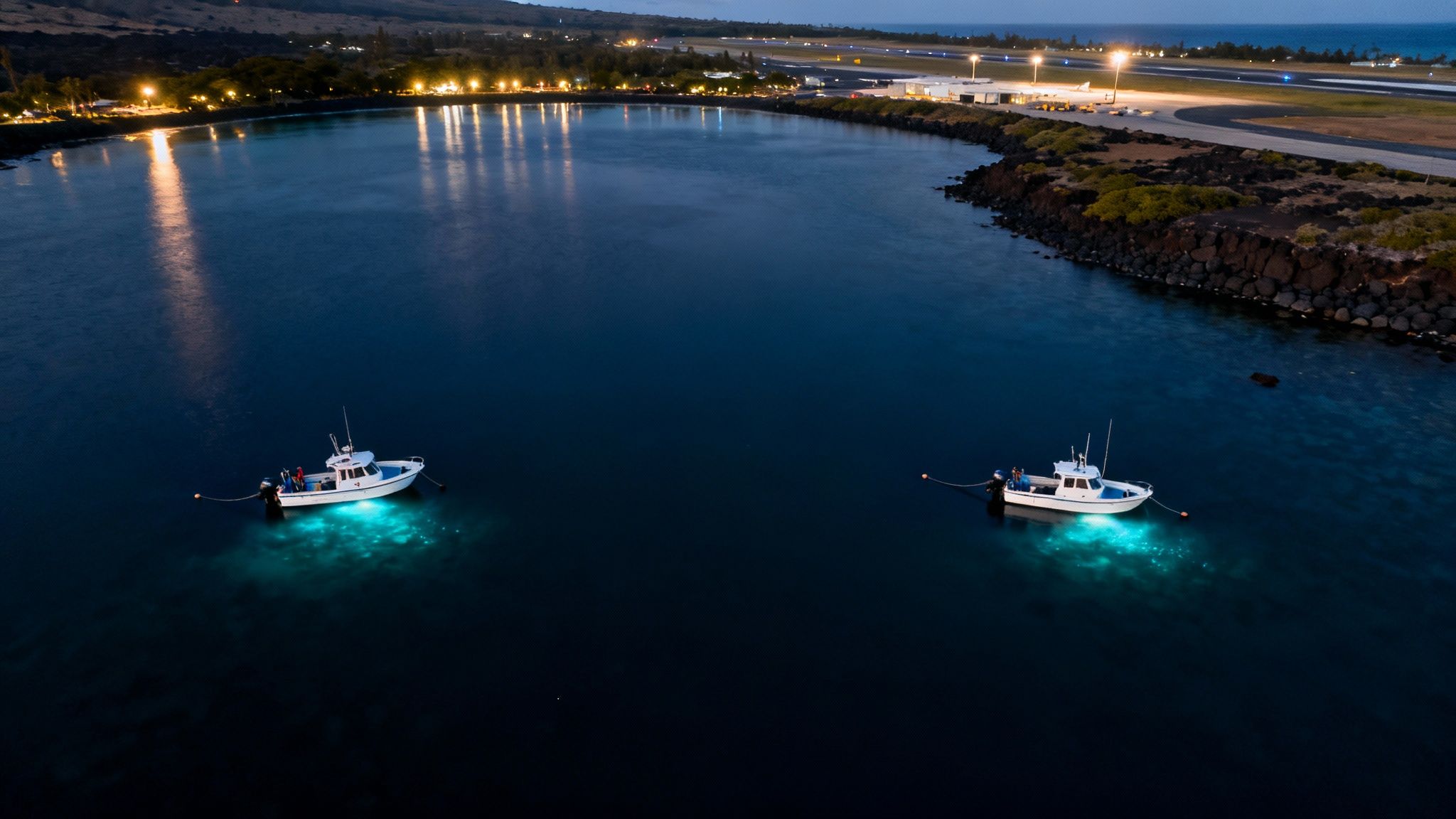 A manta ray gracefully swims over divers' lights in Kona