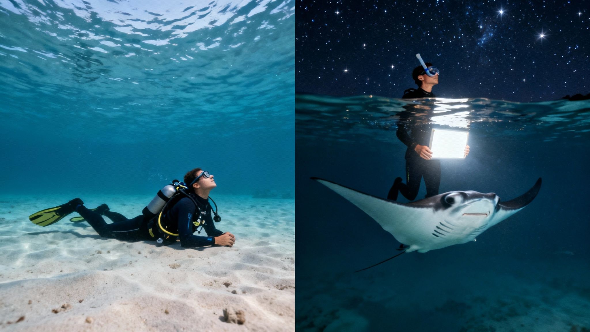 Snorkelers holding onto a light board on the surface, watching manta rays below.