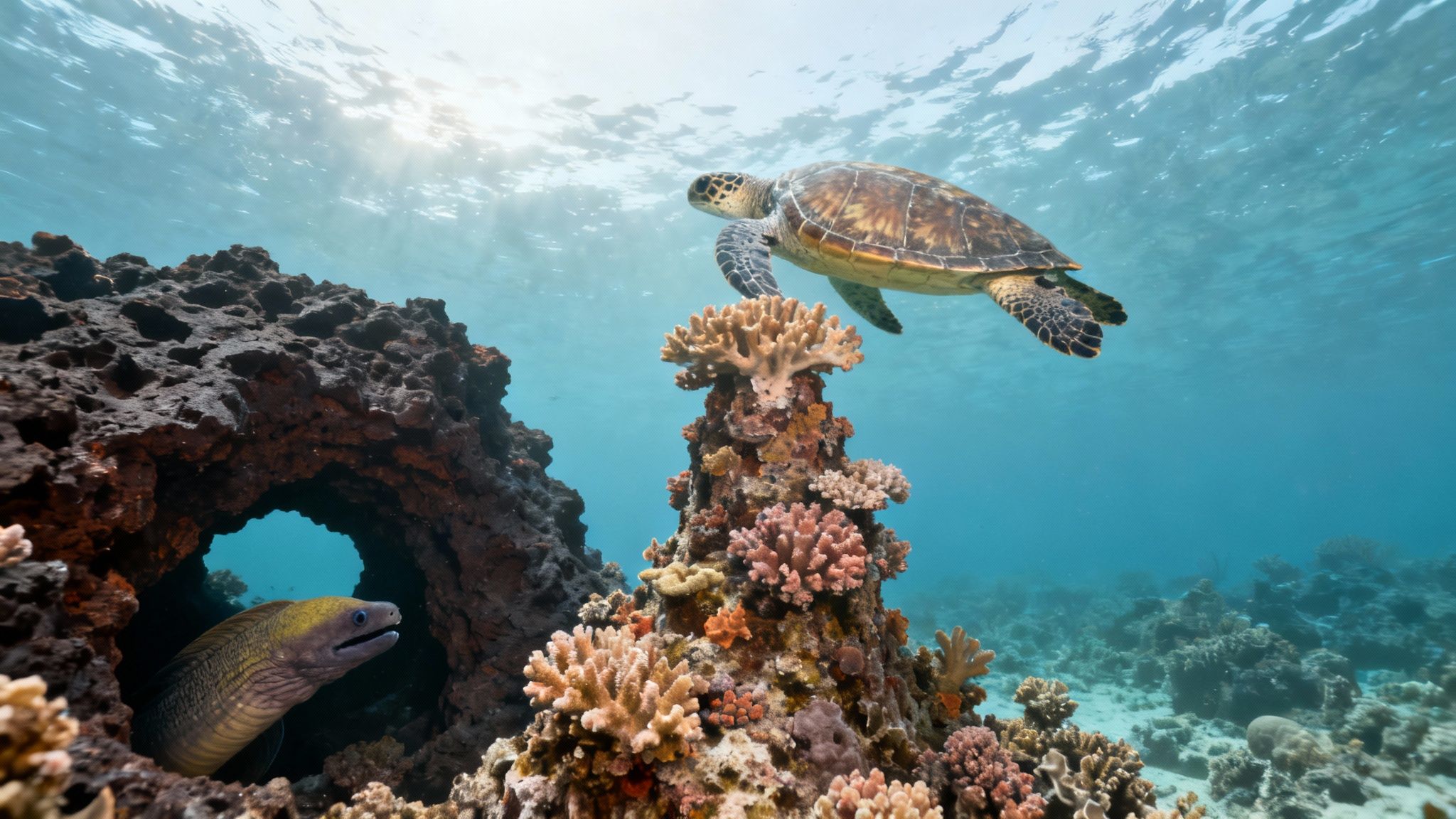 A scuba diver swims through a sunlit underwater archway, showcasing the unique volcanic topography of Kona, Hawaii.