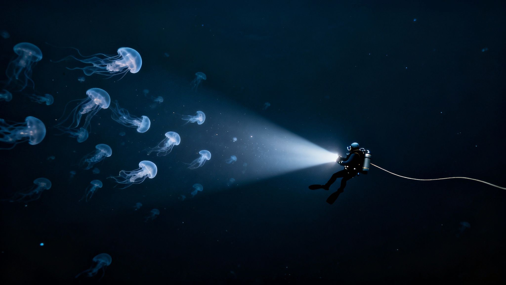 A scuba diver illuminates a strange, bioluminescent creature during a blackwater dive in the deep ocean.
