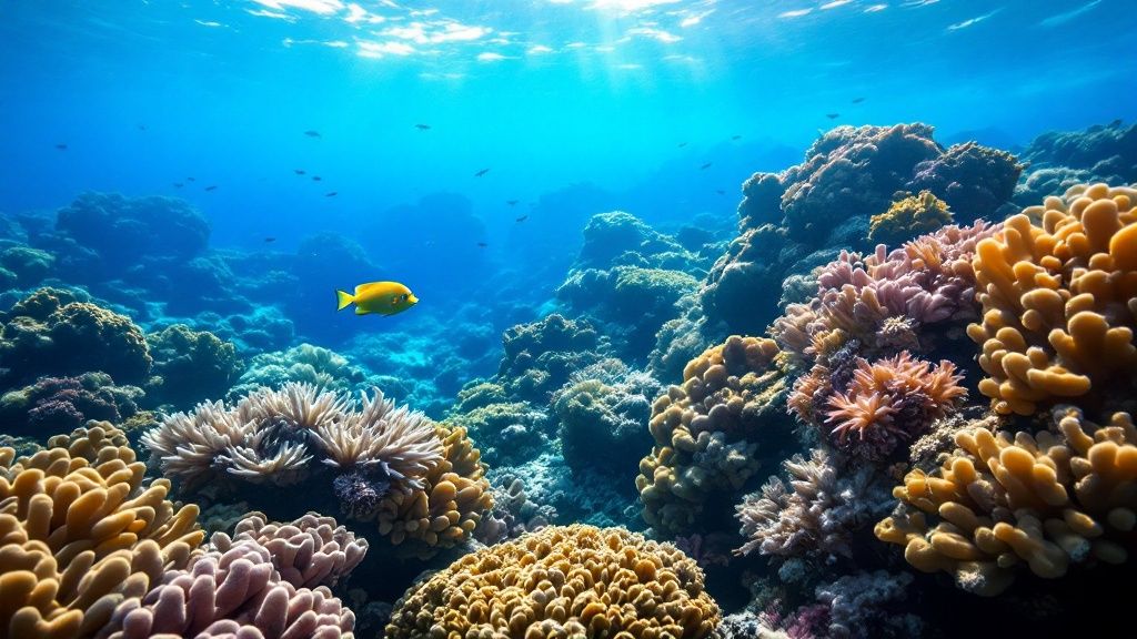 A scuba diver explores a vibrant coral reef near a submerged volcanic crater in Maui, Hawaii.