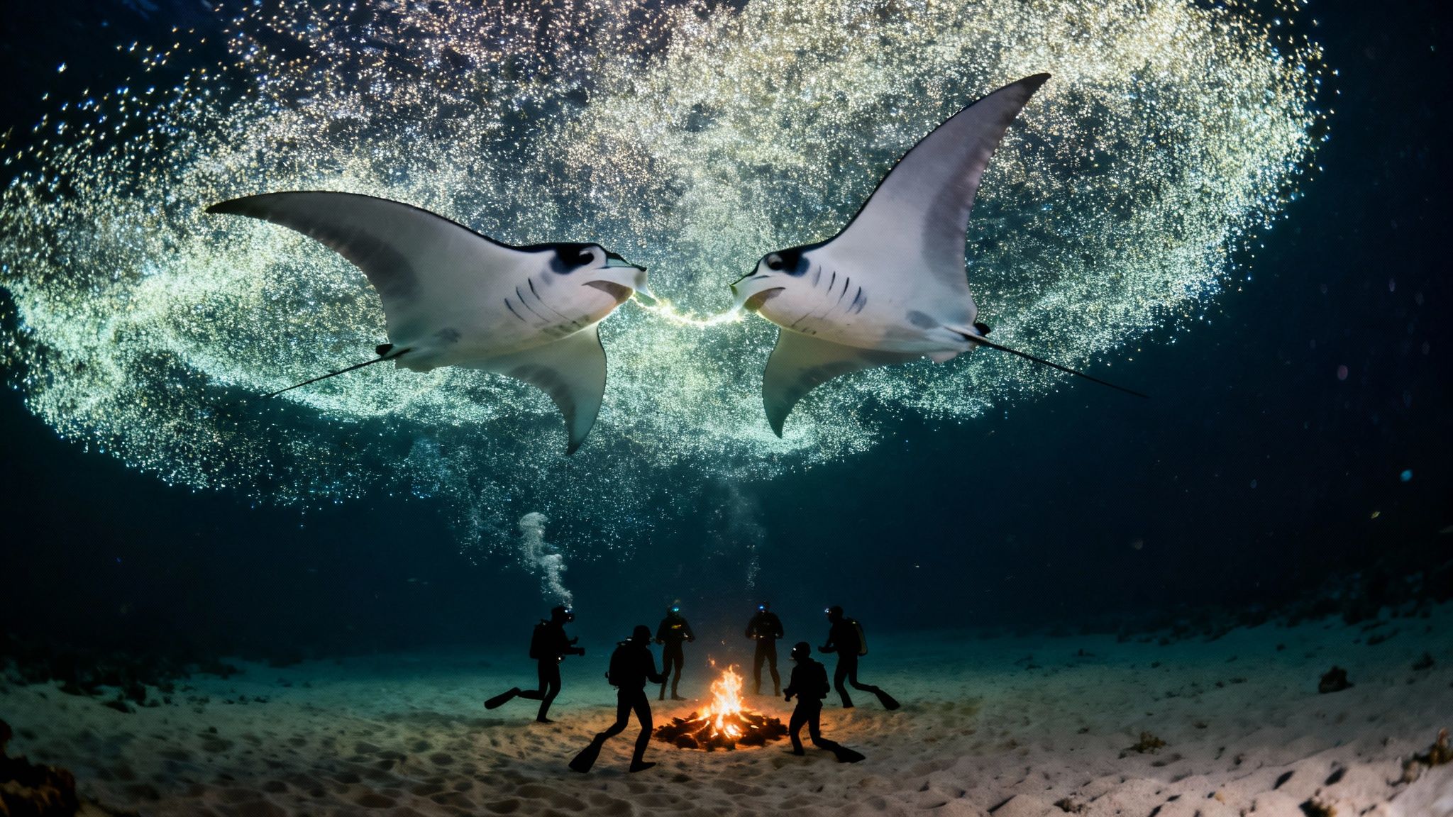 Two majestic manta rays face each other above divers gathered around an underwater campfire.