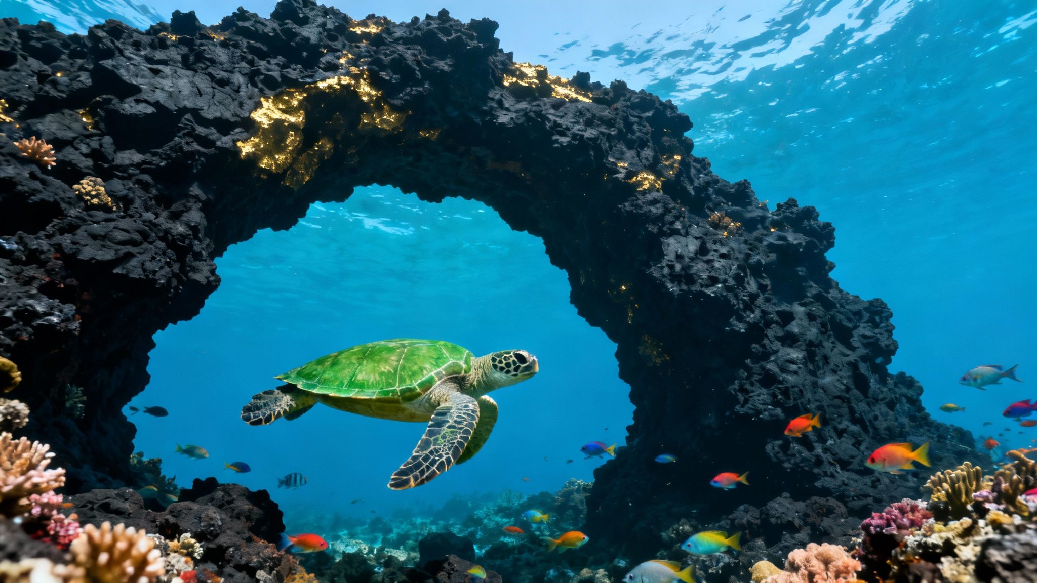 Green sea turtle swimming through coral reef arch in crystal blue Hawaiian waters