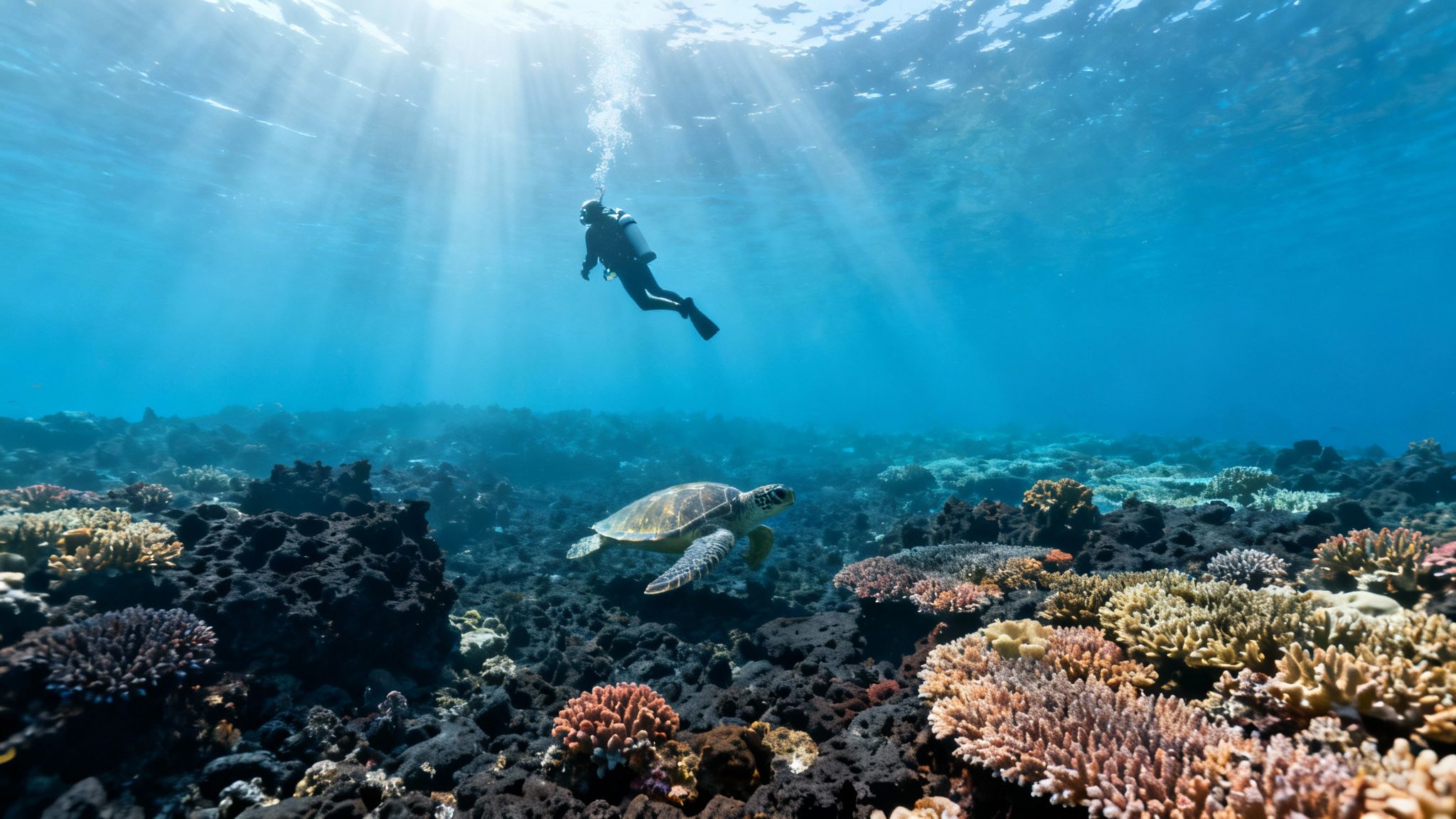 A scuba diver explores a vibrant coral reef, observing a green sea turtle underwater.