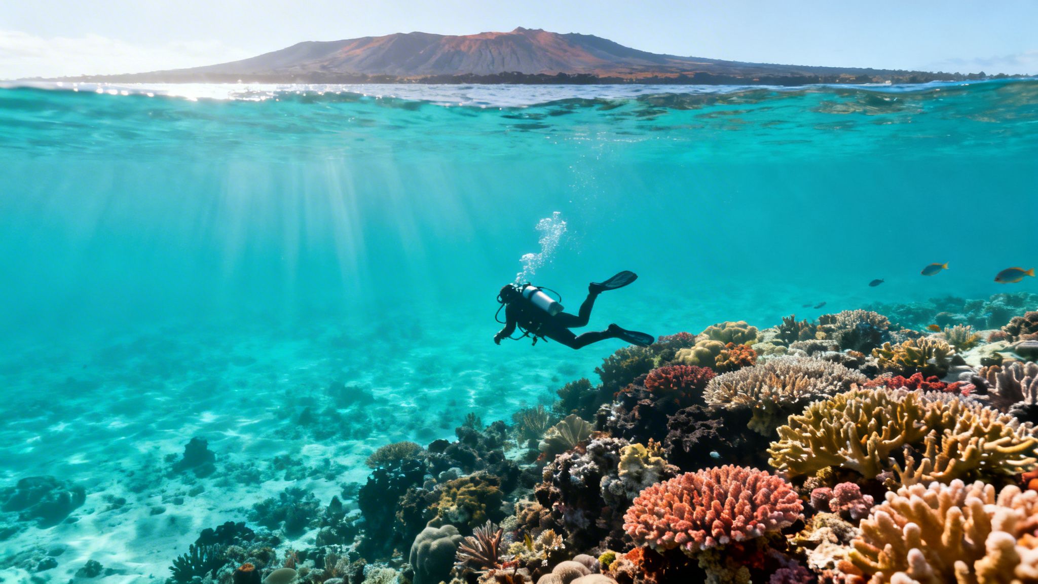 A scuba diver explores a vibrant coral reef in clear turquoise water, with a volcanic island above.