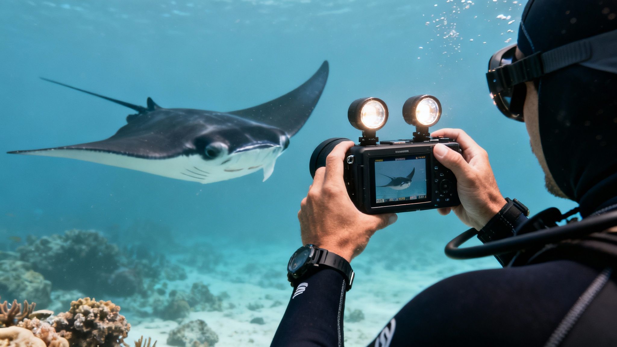 A diver in a wetsuit photographs a majestic manta ray with an underwater camera rig.