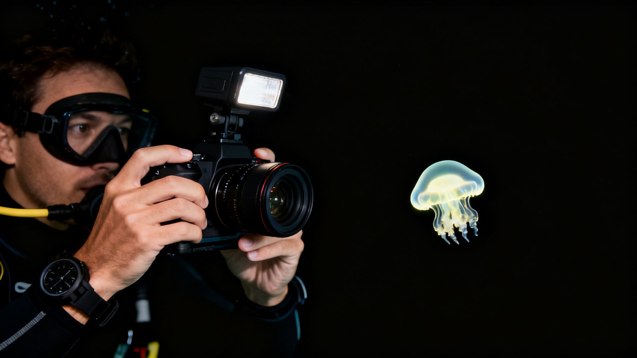 A diver in a mask photographs a glowing jellyfish in dark water using an underwater camera with a flash.