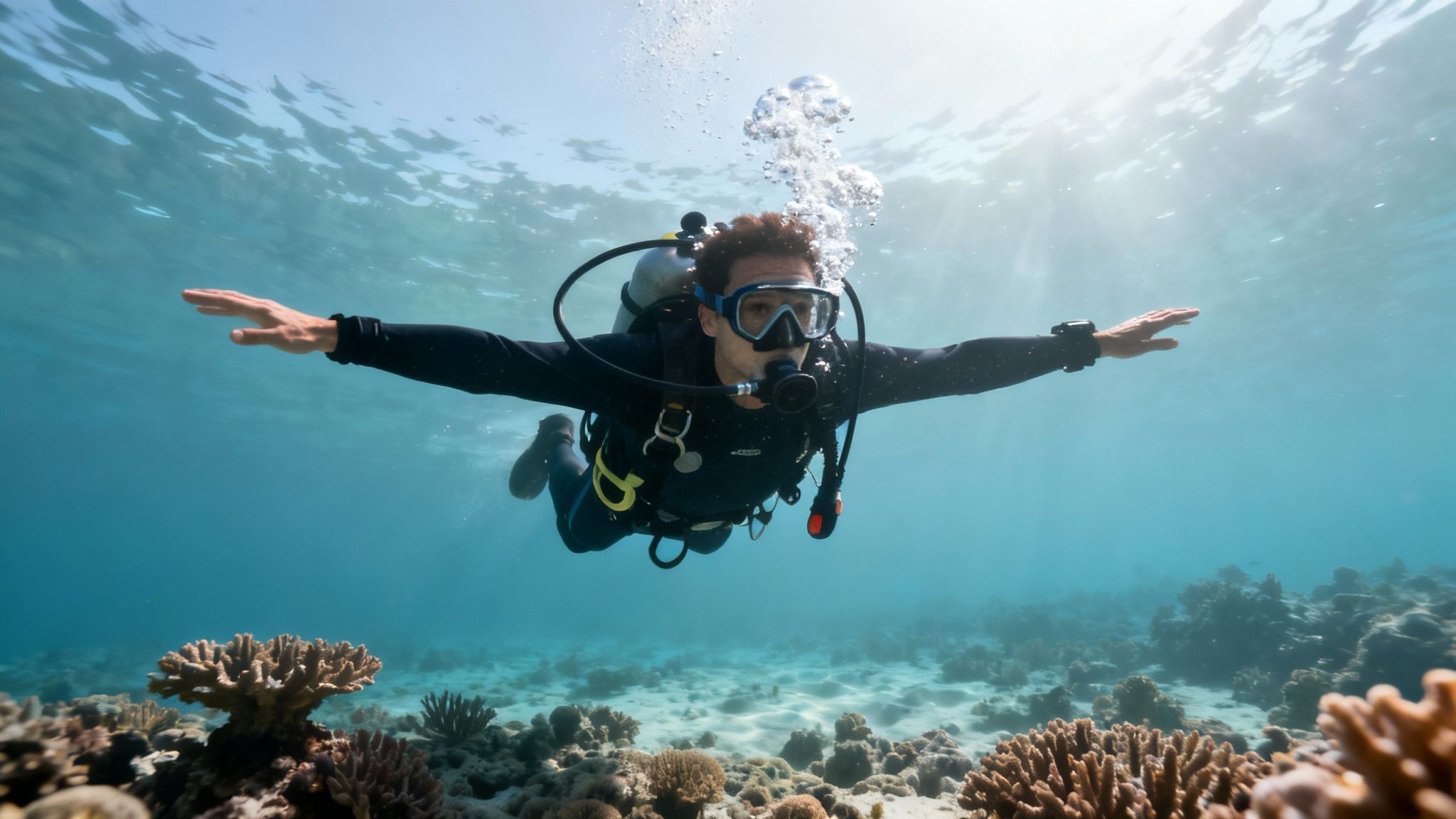 A scuba diver illuminates a giant manta ray with a flashlight during a night dive.