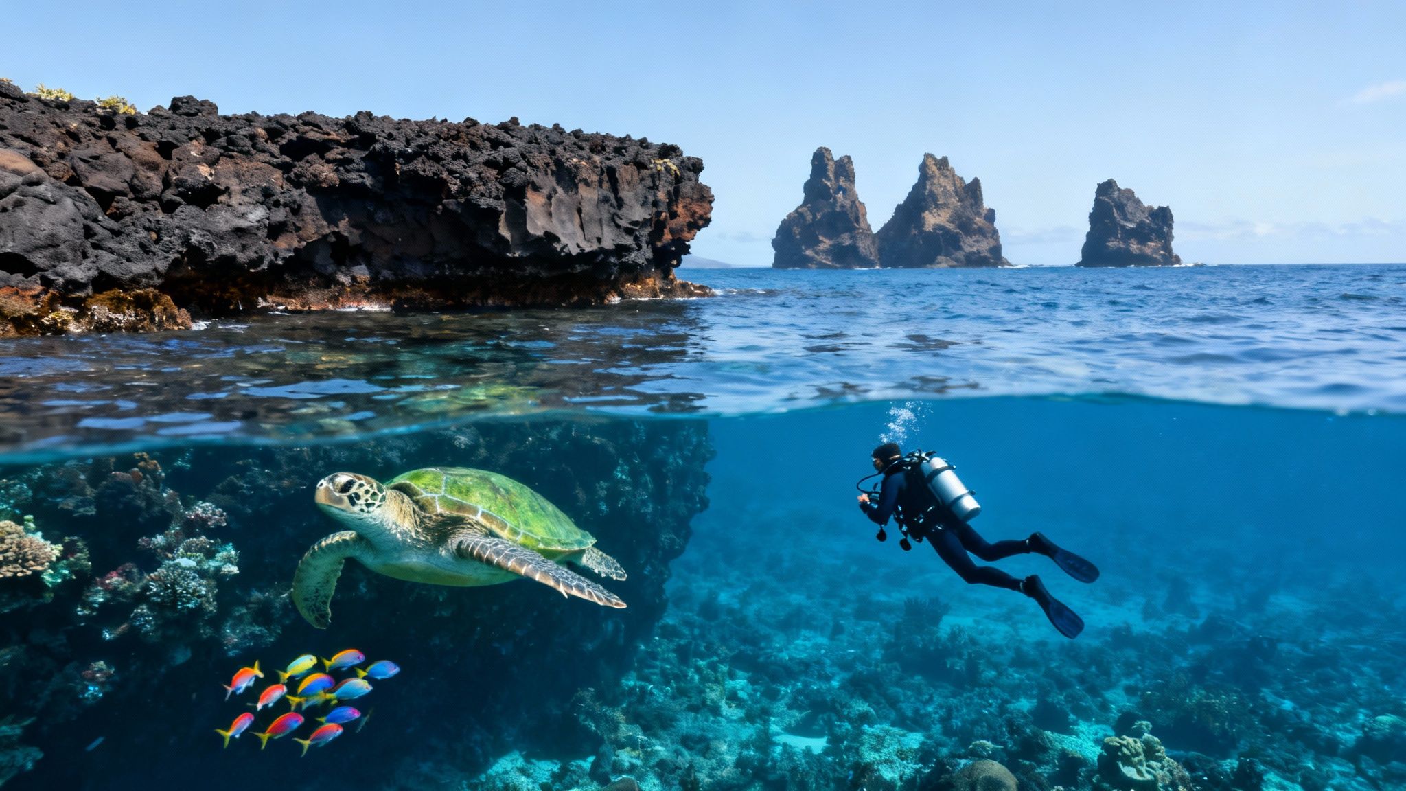 A split-level view shows a scuba diver, a green sea turtle, and colorful fish underwater, with volcanic rocks above.