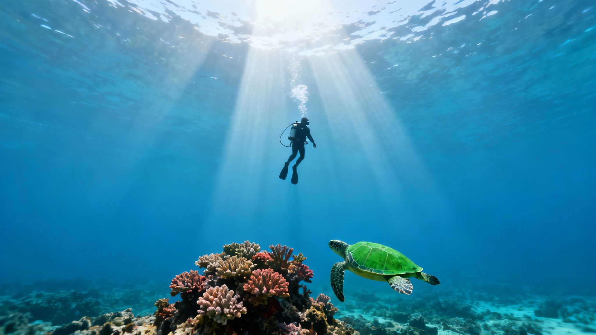 Scuba diver swimming gracefully above a healthy coral reef in clear blue Hawaiian waters.