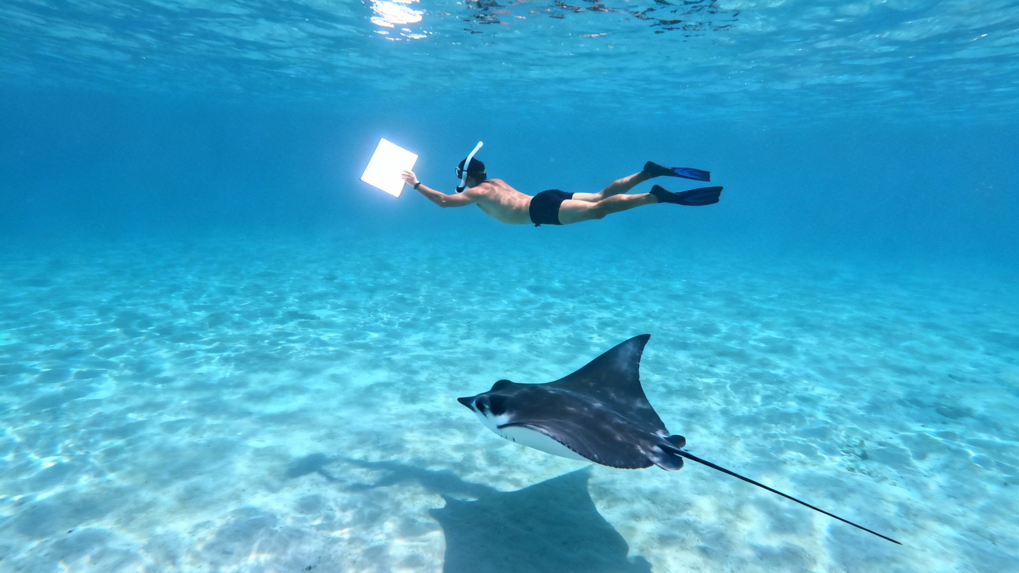 Snorkeler observes a manta ray in clear tropical waters, holding a glowing light.