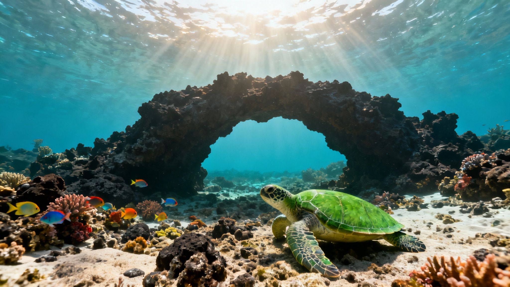A school of yellow tang fish swims over a healthy coral reef on the Big Island of Hawaii.