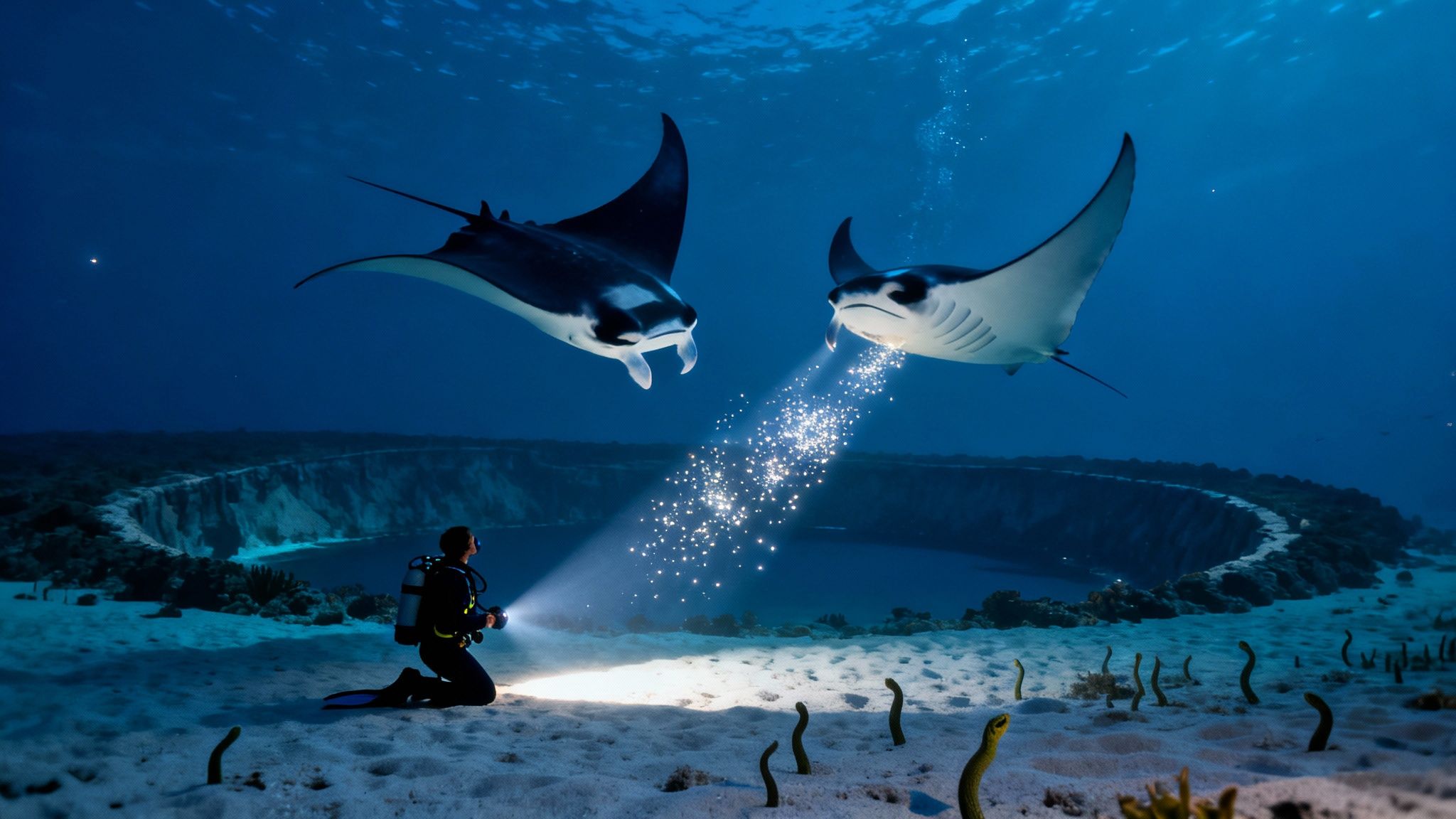A diver shines a light on two majestic manta rays gracefully swimming above, with garden eels and an underwater crater in the background.