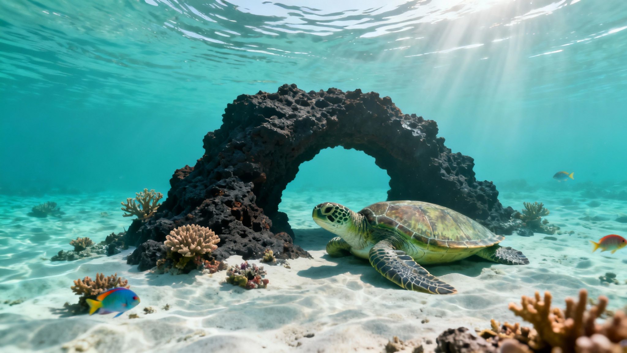 Green sea turtle resting on sand next to a dark underwater arch with corals and fish.