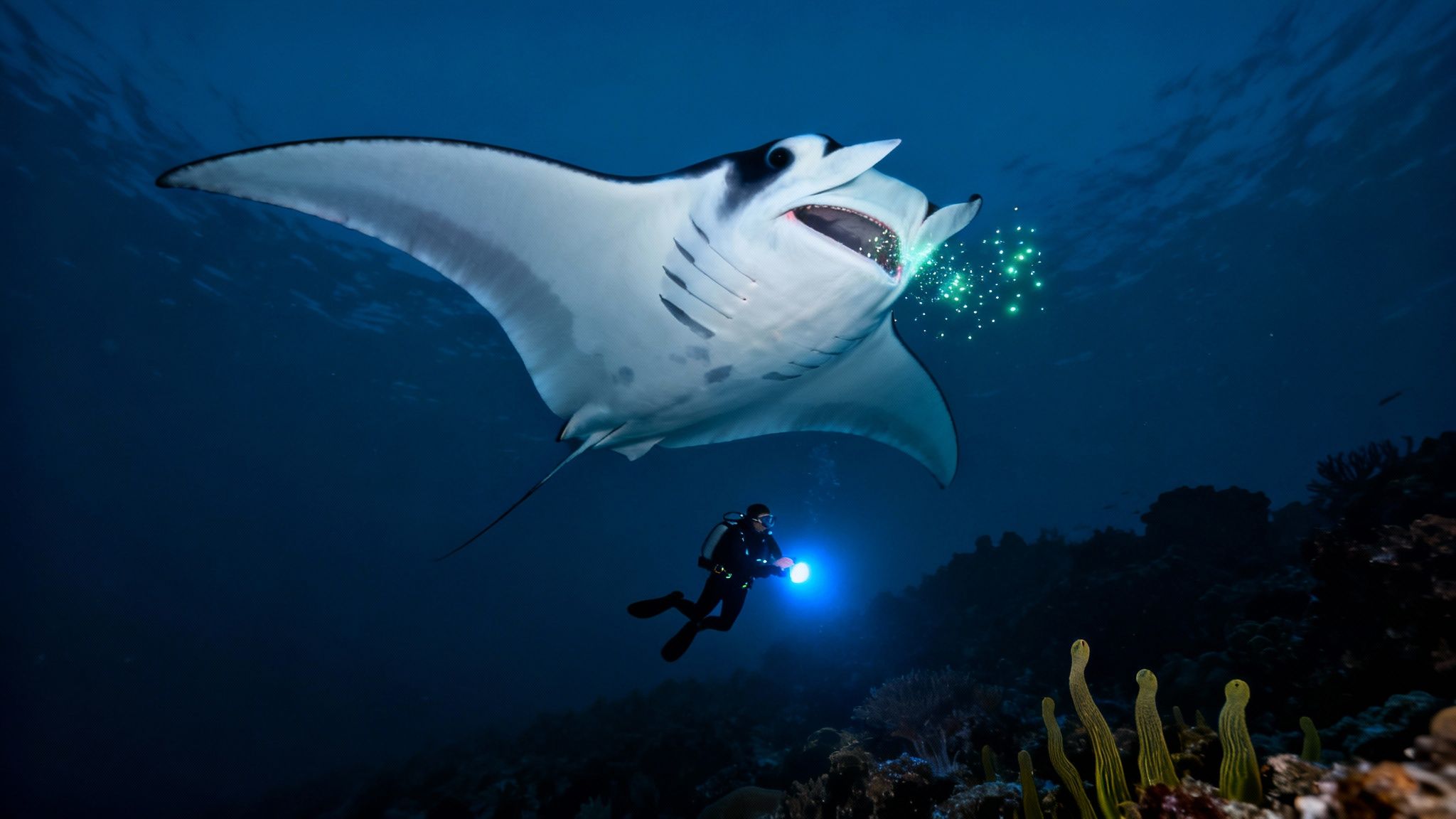 A large manta ray with glowing particles near its mouth, observed by a scuba diver with a torch.