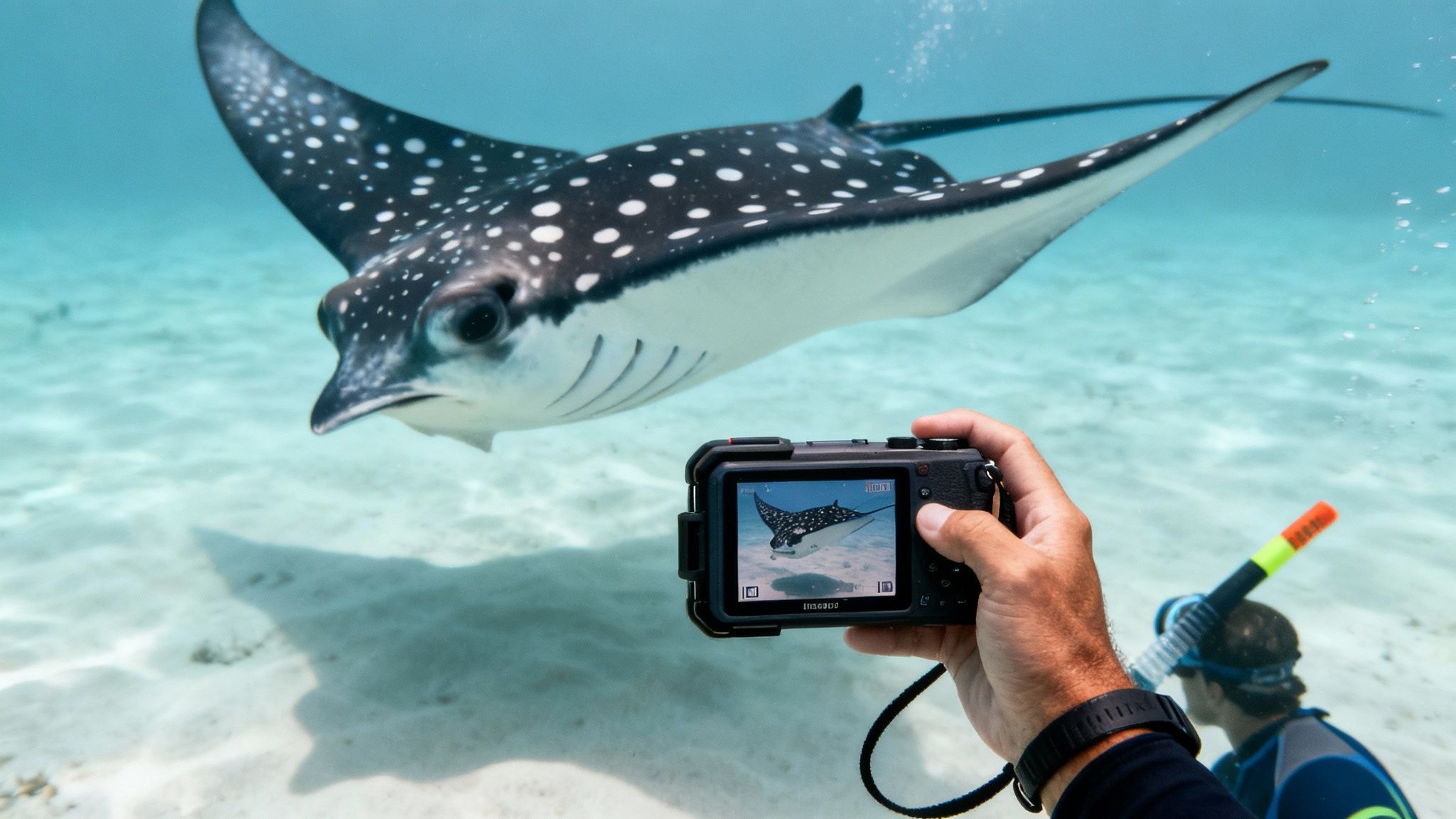 A scuba diver taking a photo of a manta ray's spotted belly pattern in Kona.