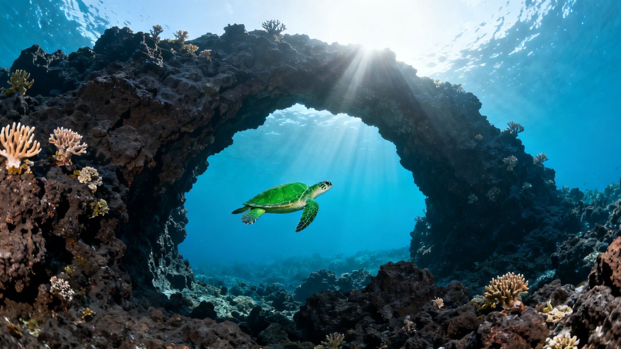 A vibrant green sea turtle gracefully swims under a natural underwater arch with sun rays.