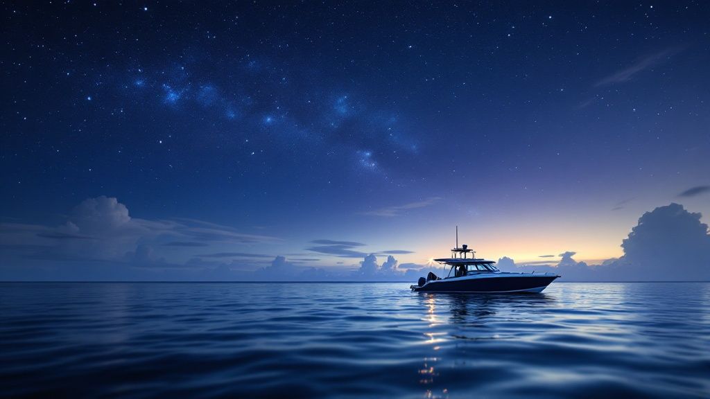 A diver observes a large manta ray swimming gracefully in dark water illuminated by dive lights.