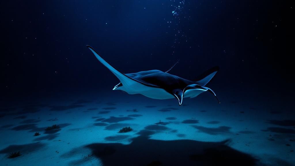 A giant manta ray swims gracefully over a group of scuba divers during a night dive in Kona.