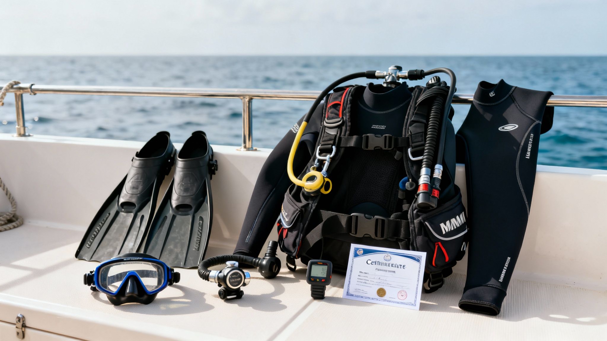 Complete scuba diving gear, including fins, mask, wetsuit, BCD, and regulators, laid out on a boat.