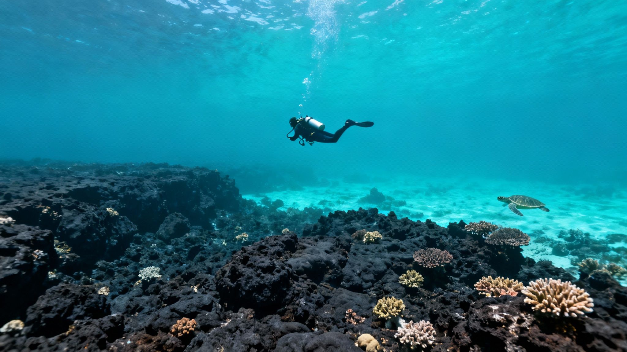 A scuba diver explores a vibrant coral reef with a sea turtle swimming nearby in clear blue water.
