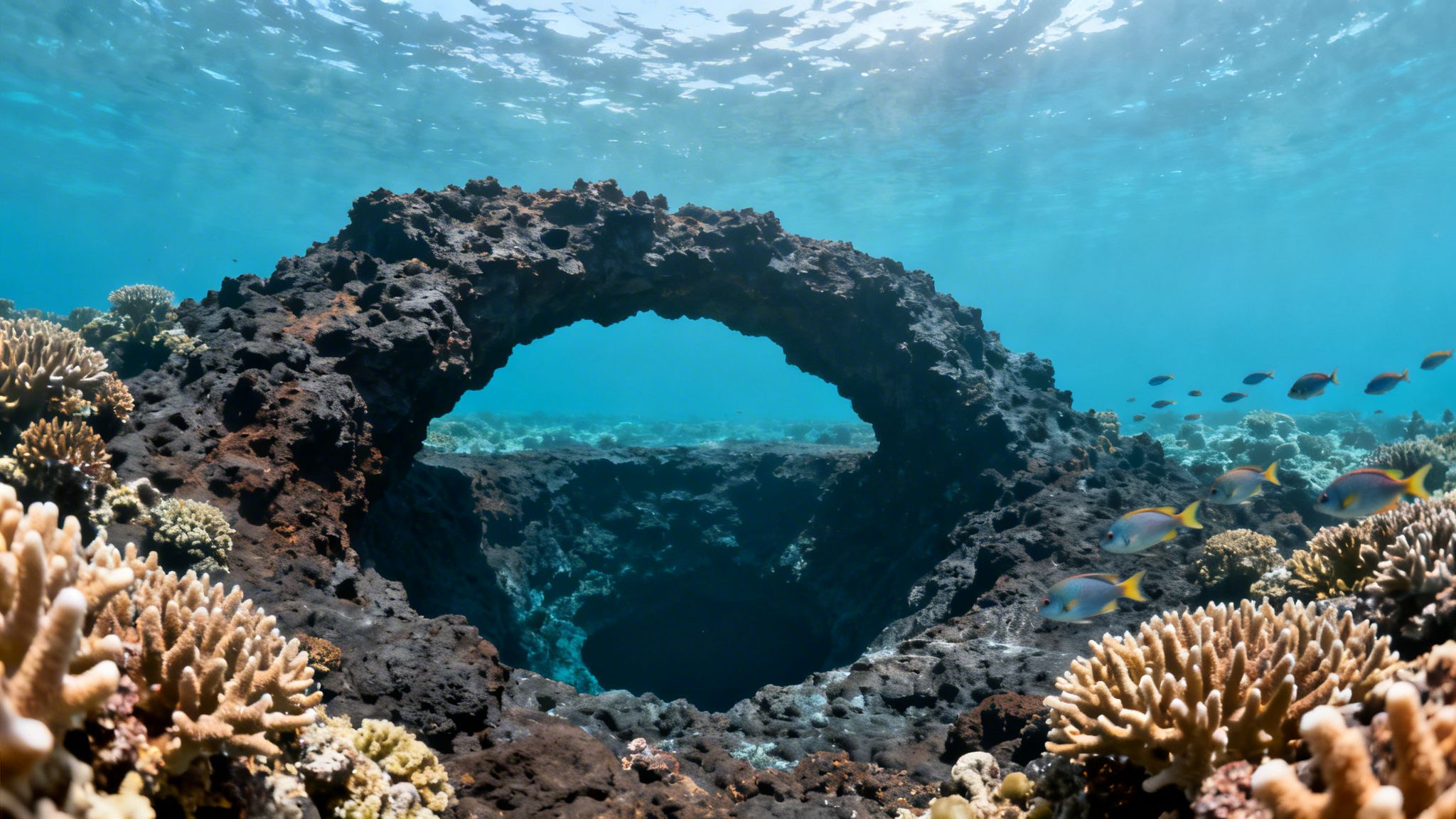 An underwater rock arch creates a swim-through, surrounded by vibrant coral and fish in clear blue water.