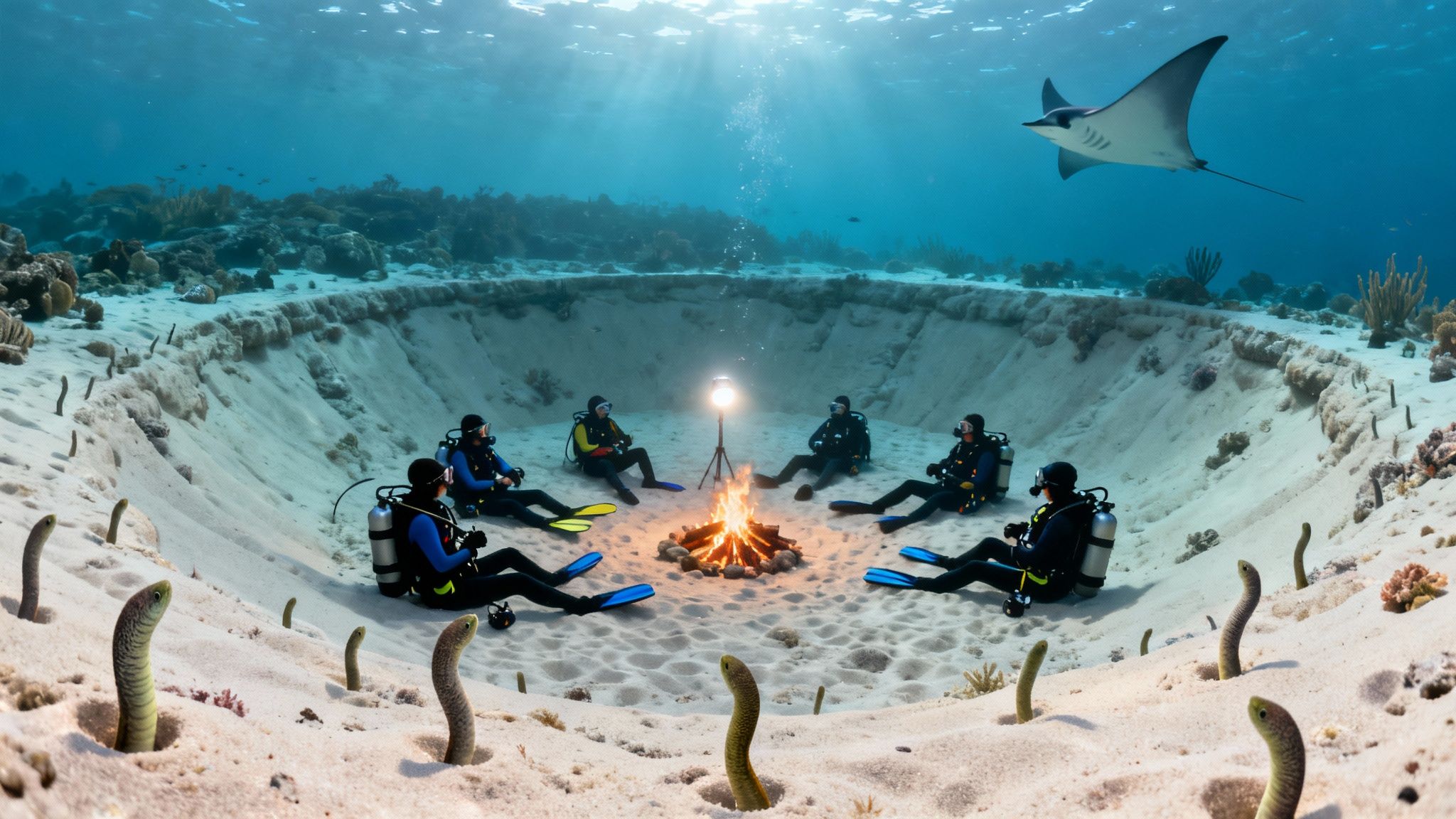 Scuba divers gather around an underwater campfire with a manta ray overhead and garden eels.