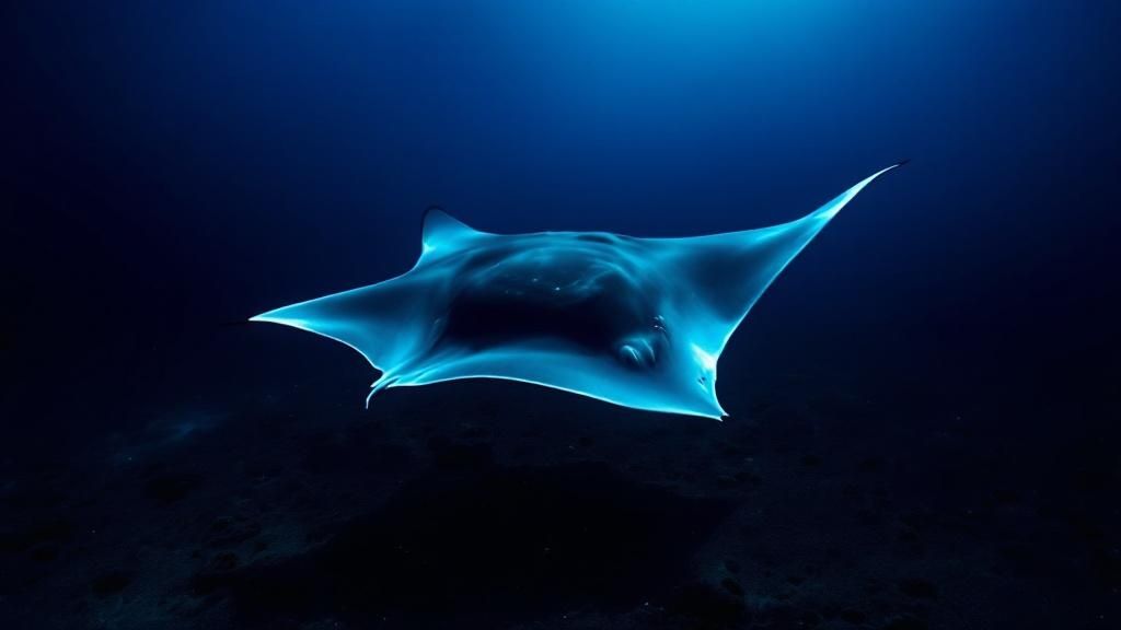 A giant manta ray glides gracefully in the dark waters of Kona, Hawaii