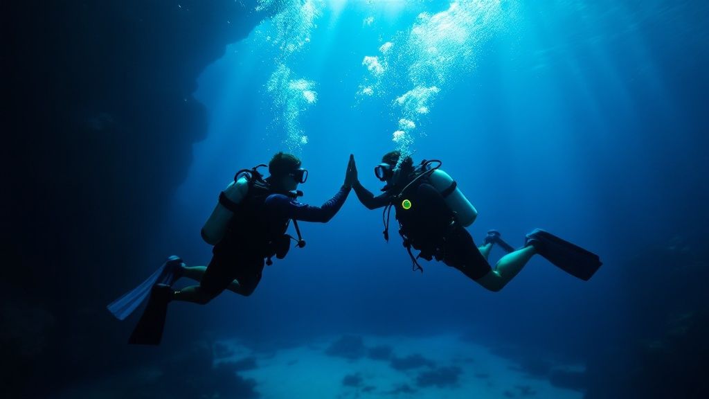 A group of scuba divers conducting a safety check before a dive on a boat in Hawaii