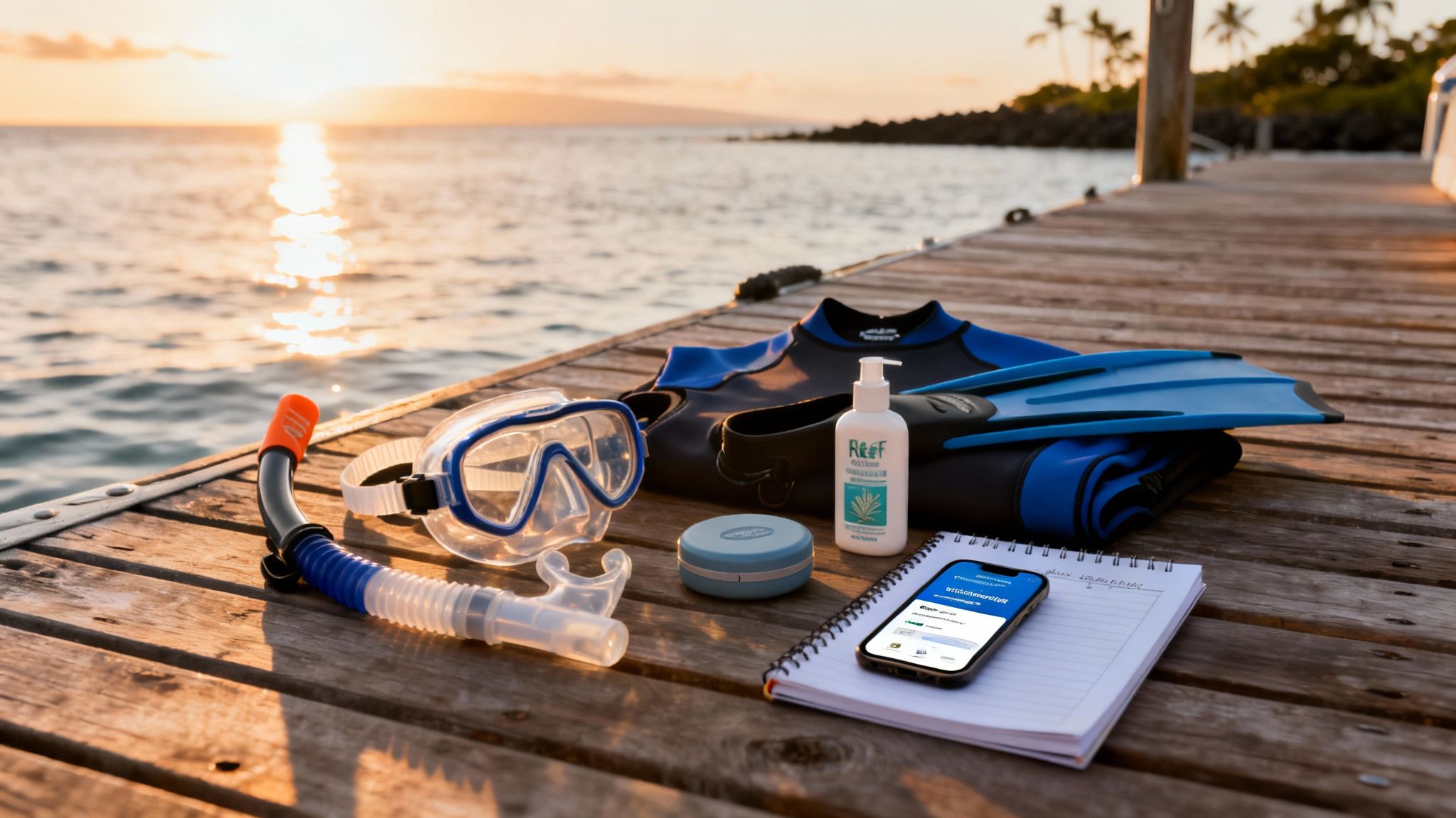 Tropical sunset scene with snorkeling gear, wetsuit, and sunscreen on a wooden dock.