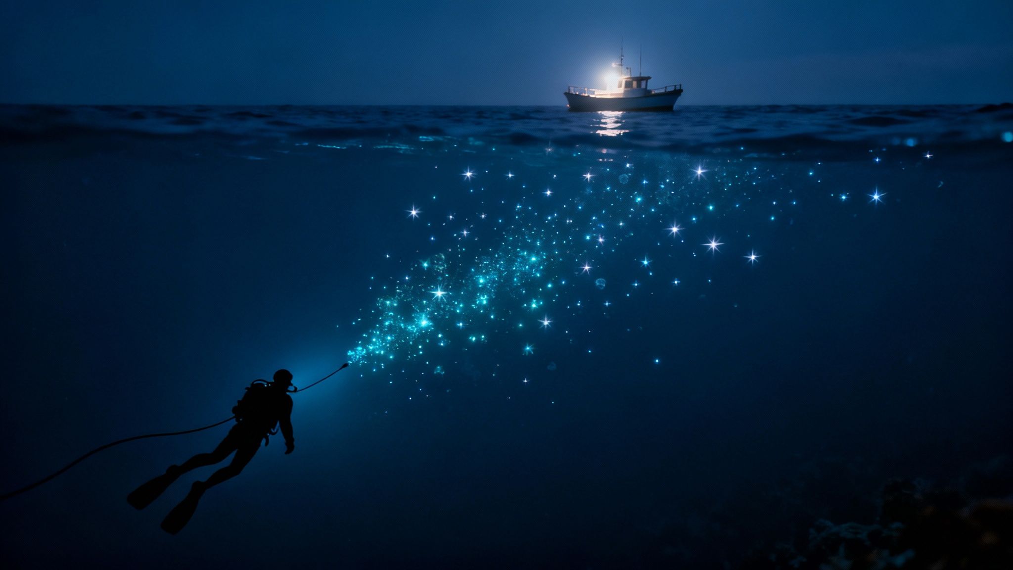 A diver shines a light on a bizarre, bioluminescent creature during a blackwater dive in the deep ocean off Kona.