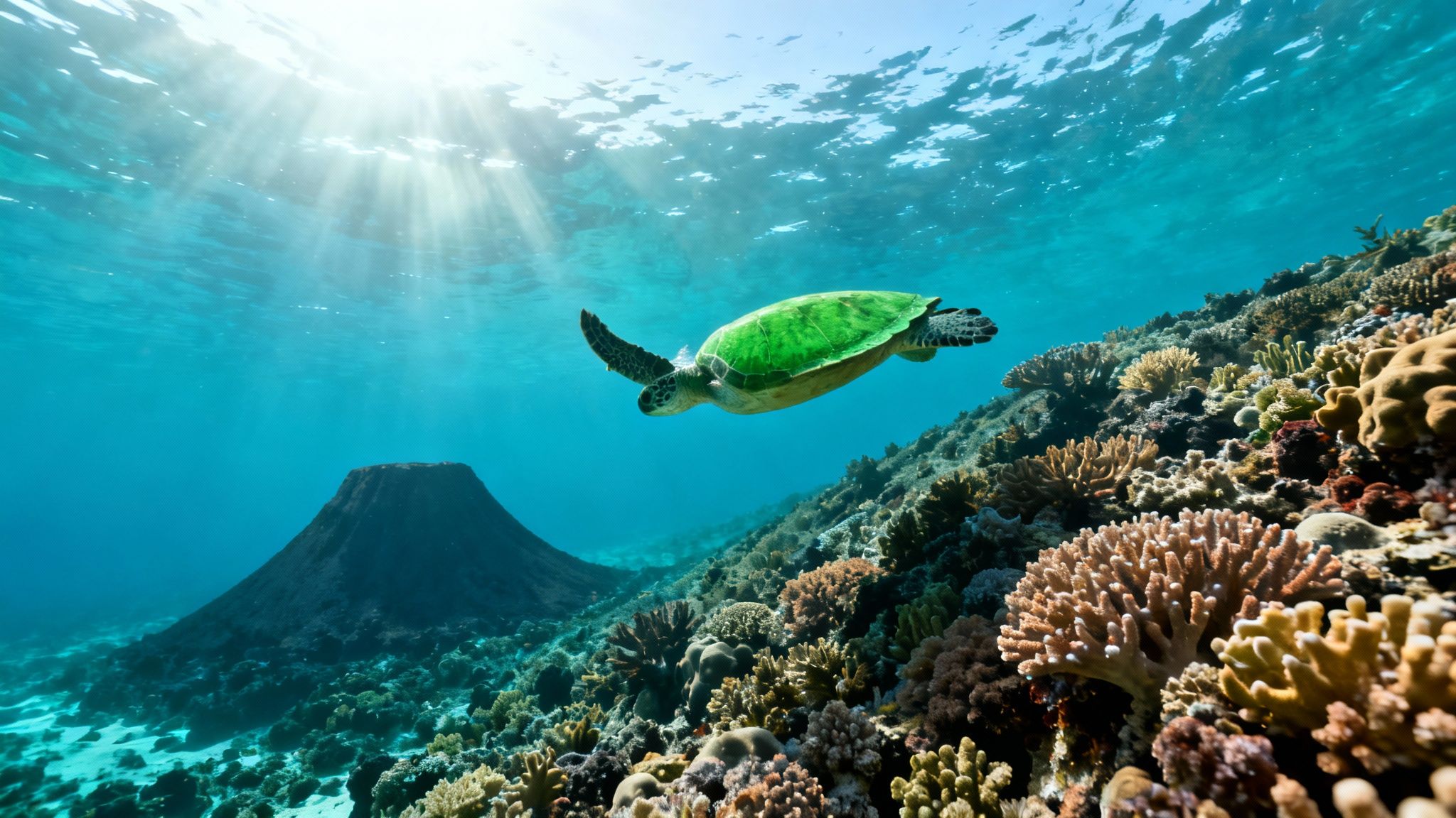 A green sea turtle swims above a colorful coral reef, with sun rays and an underwater volcano.