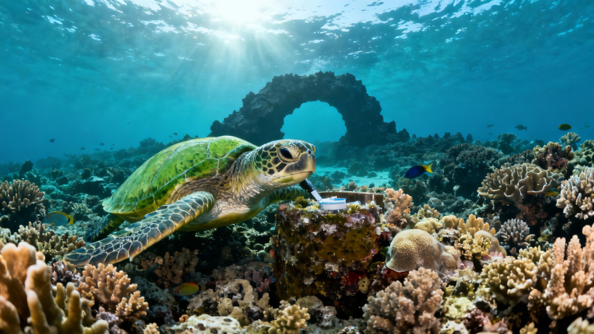 A vibrant underwater scene at Kealakekua Bay on the Big Island, Hawaii, showing healthy coral reefs and tropical fish.