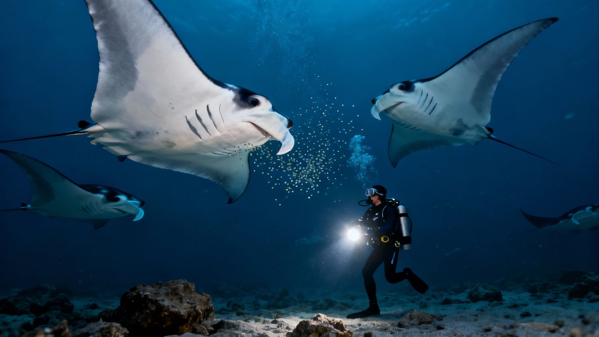 A scuba diver encounters a large manta ray during a night dive in Kona, Hawaii.