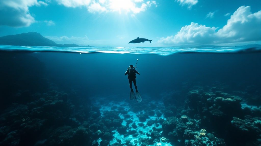 A humpback whale breaches spectacularly against the backdrop of the Hawaiian coastline at sunset.