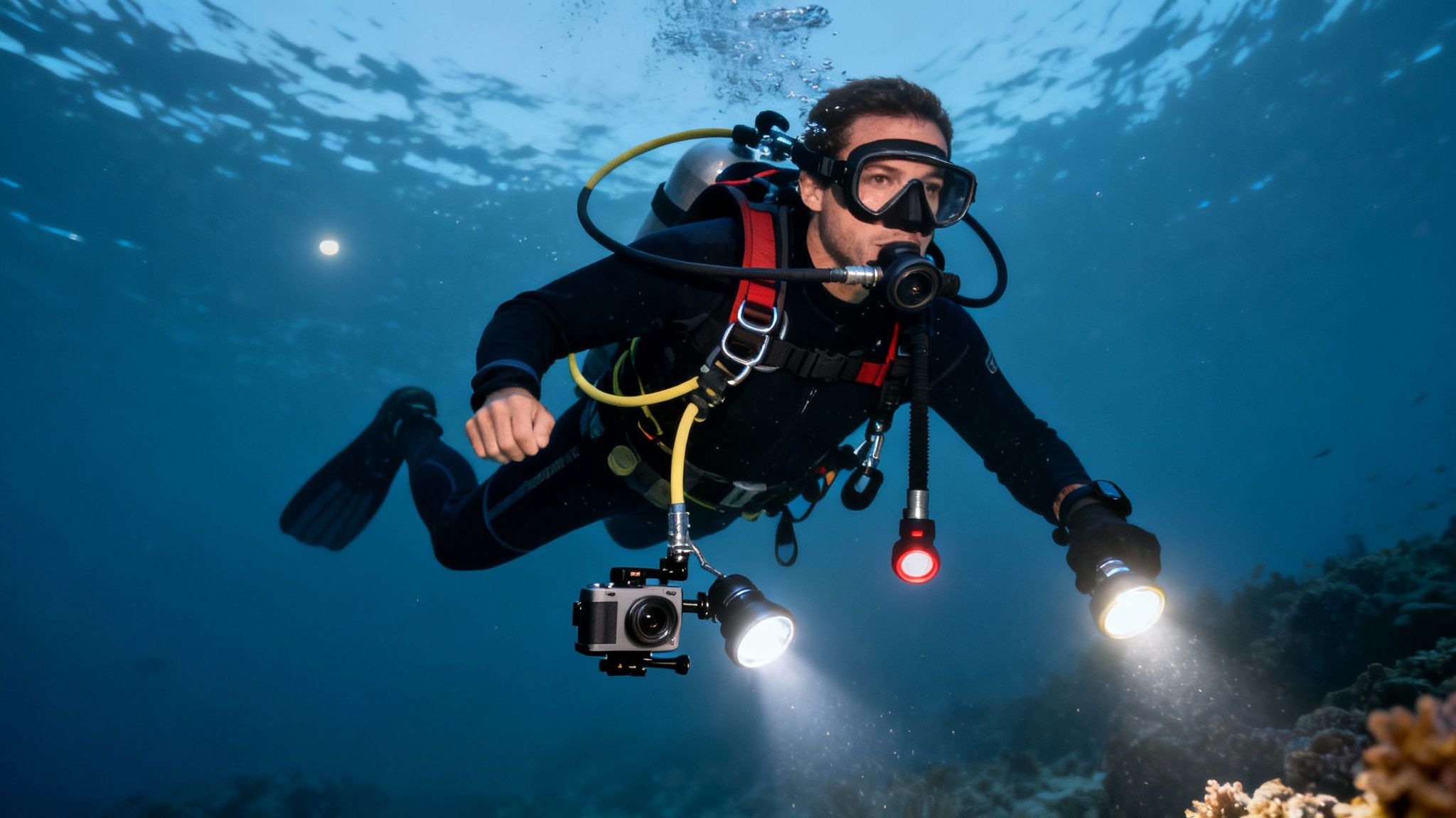 A male diver in full scuba gear explores an underwater reef with a camera and flashlight.