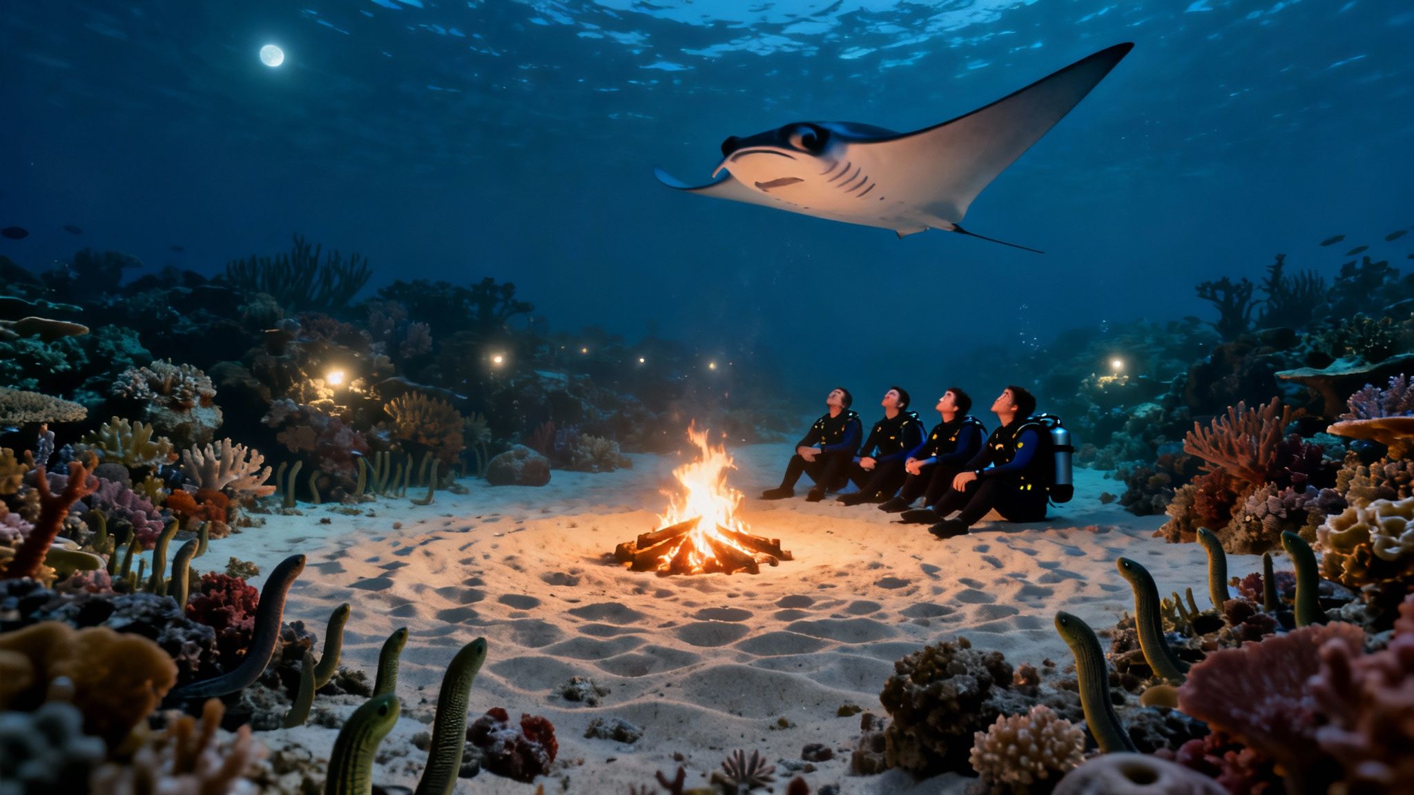 Four divers sit around an underwater campfire, looking up at a manta ray beneath a full moon.
