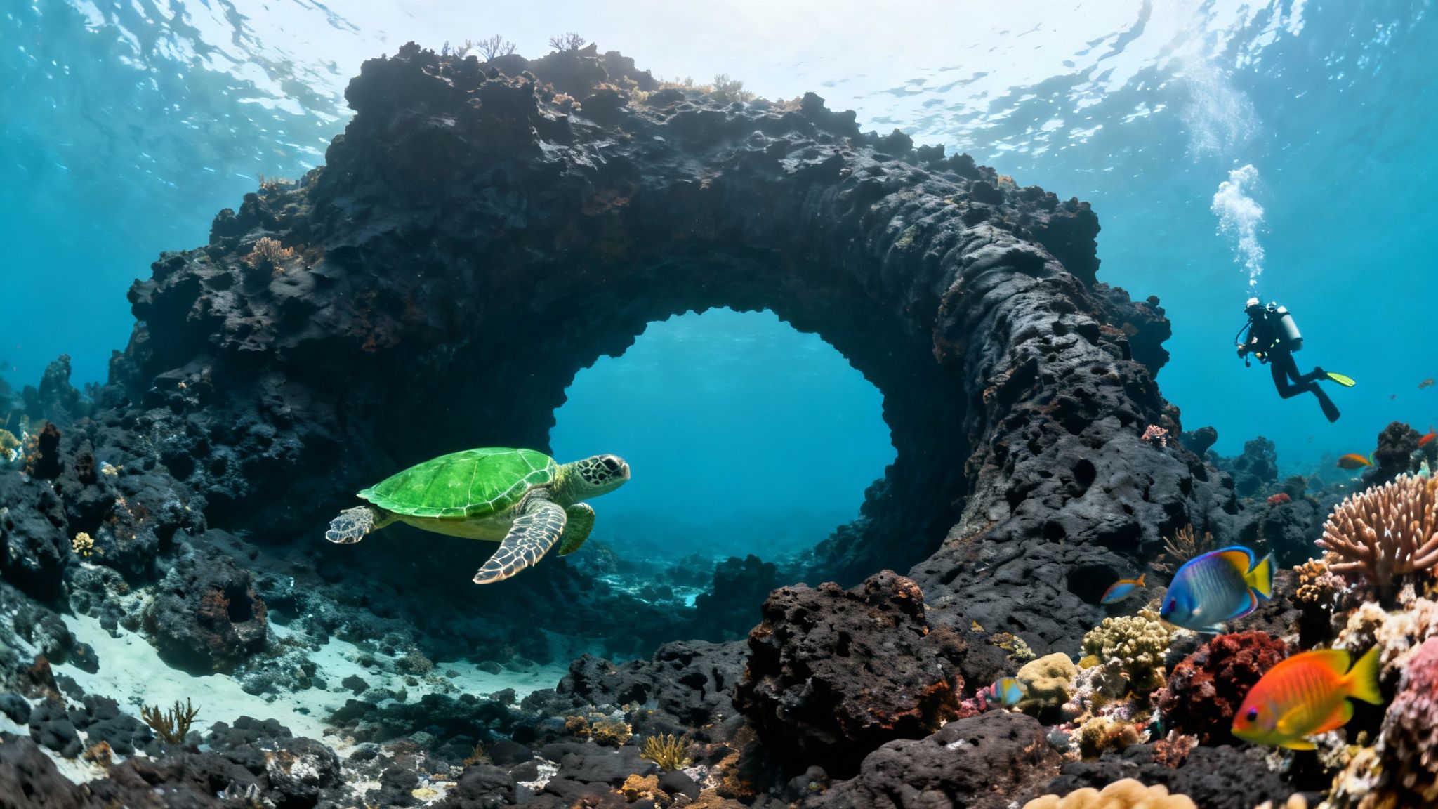 A scuba diver explores a vibrant coral reef teeming with colorful fish on the Big Island of Hawaii.
