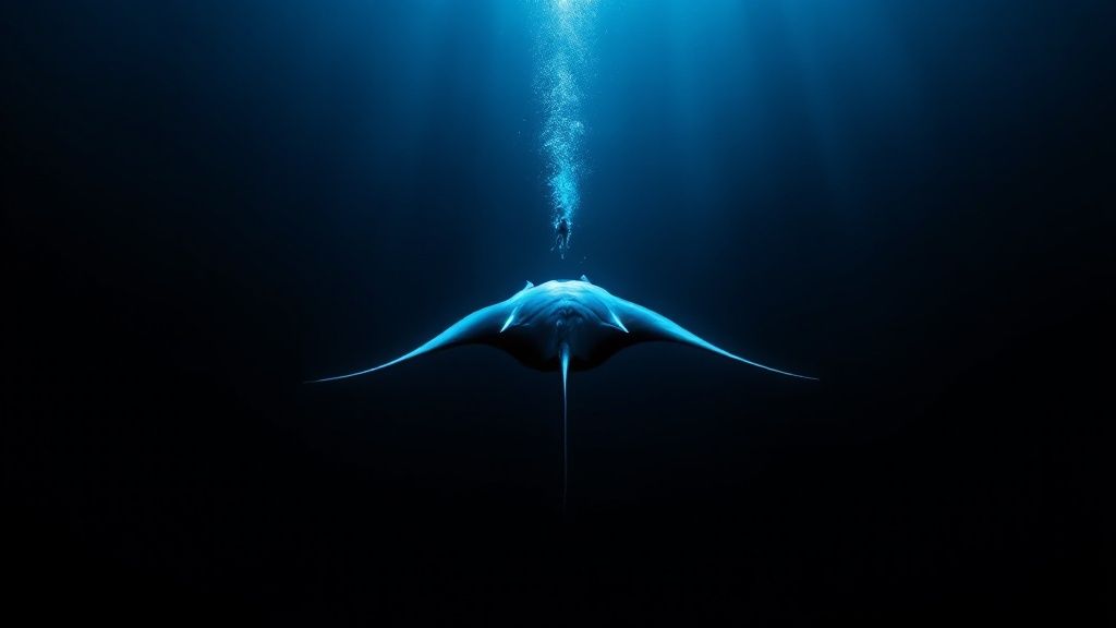 A manta ray gracefully glides through the water, illuminated by dive lights at night in Kailua Kona.