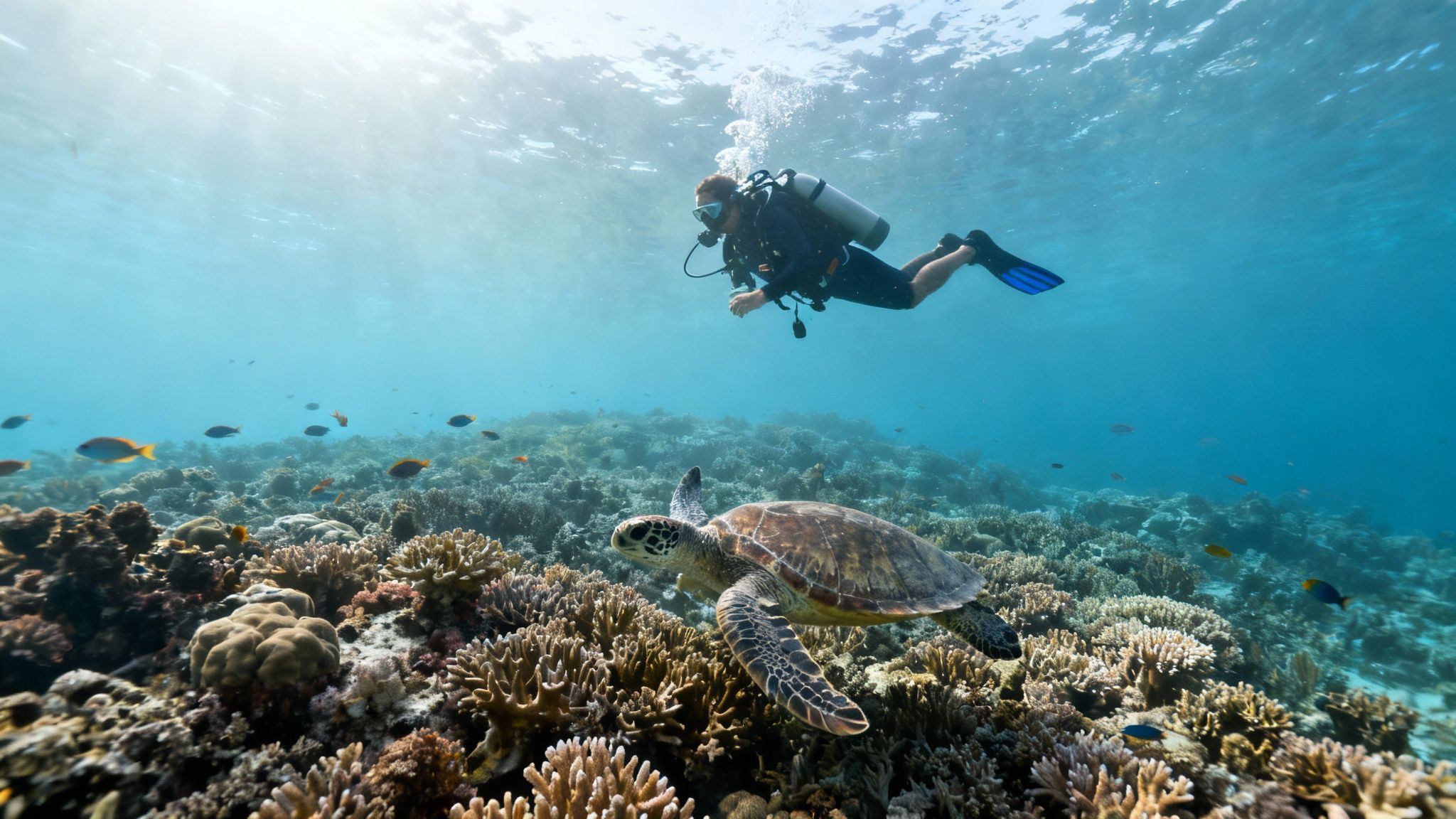 A scuba diver observes a green sea turtle swimming over vibrant coral reefs with tropical fish.