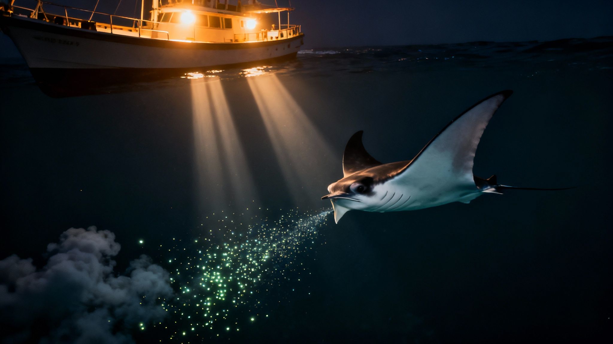 Graceful manta ray gliding over divers' lights