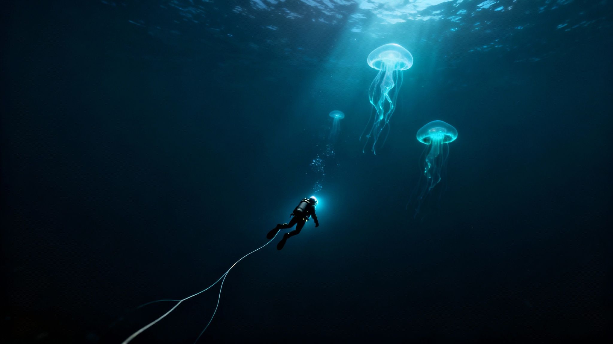 A bioluminescent jellyfish glows in the dark, deep ocean water during a blackwater dive.