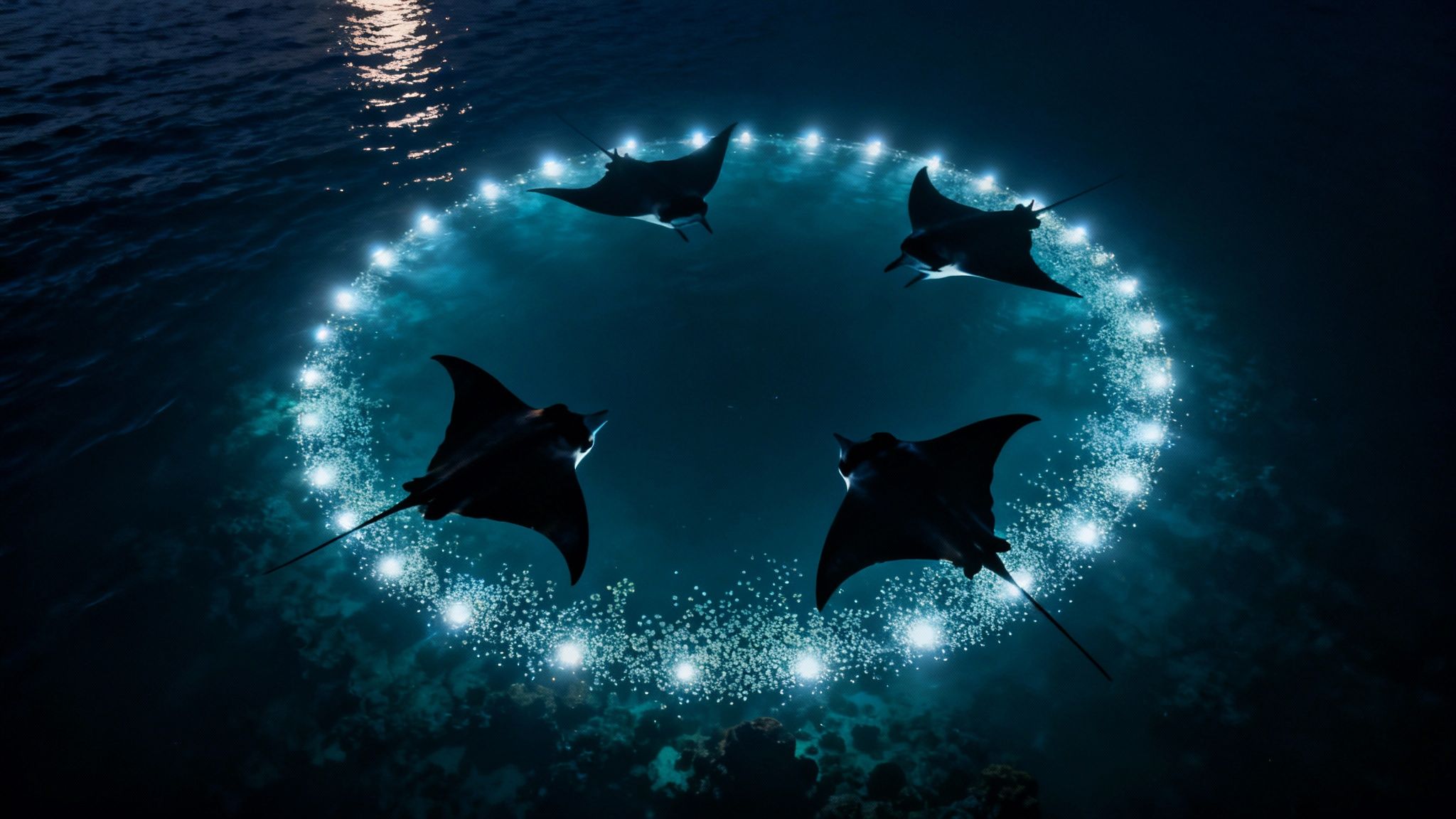 A close-up view of a manta ray swimming gracefully in the ocean at night
