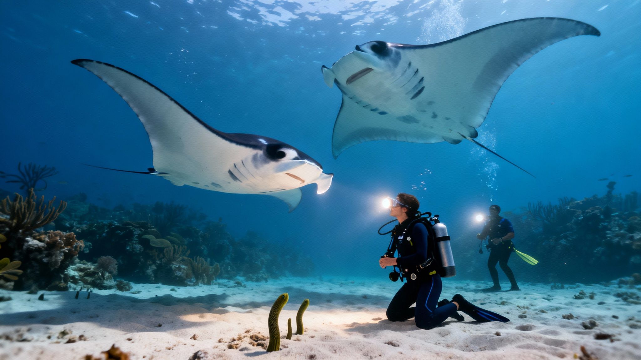 Scuba divers with bright lights encountering two manta rays on a sandy ocean floor.