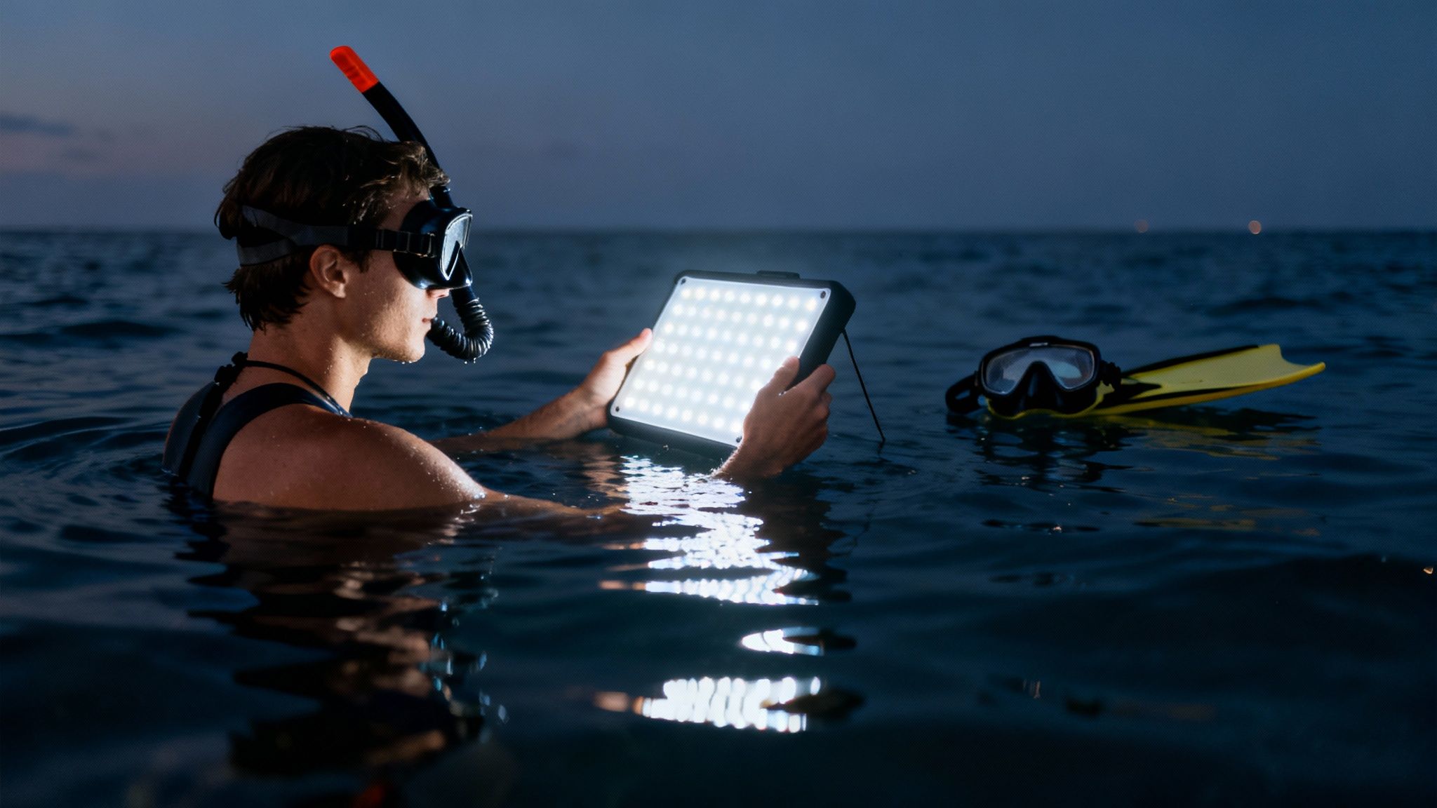 A group of snorkelers holding onto a light board, watching a manta ray swim beneath them in Kailua Kona.