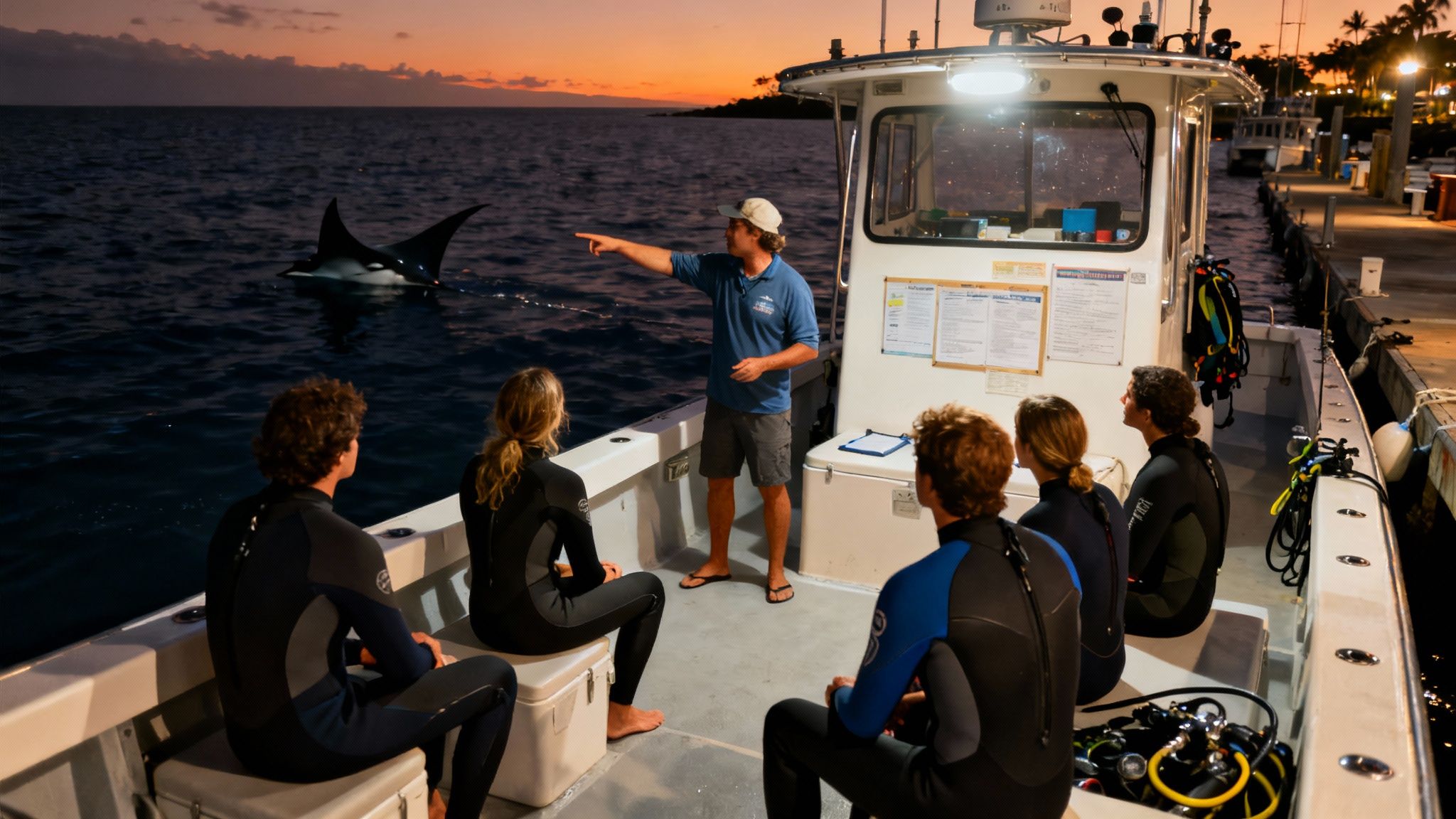 A group of scuba divers on the ocean floor at night, looking up as a manta ray glides over their lights