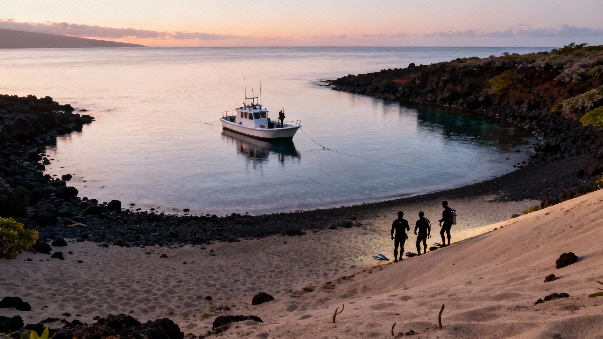 Divers on the sandy bottom watching a manta ray swim overhead in Kona