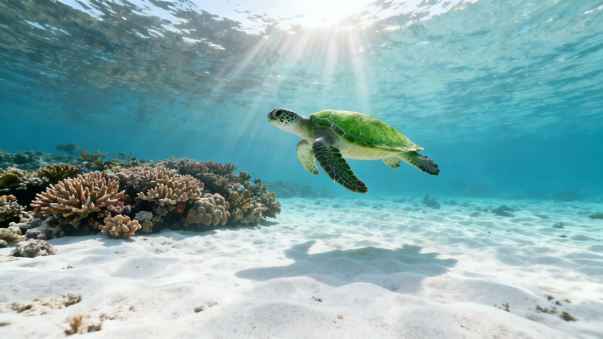 A vibrant green sea turtle swims over a sandy seabed near a coral reef with sunbeams shining through clear blue water.